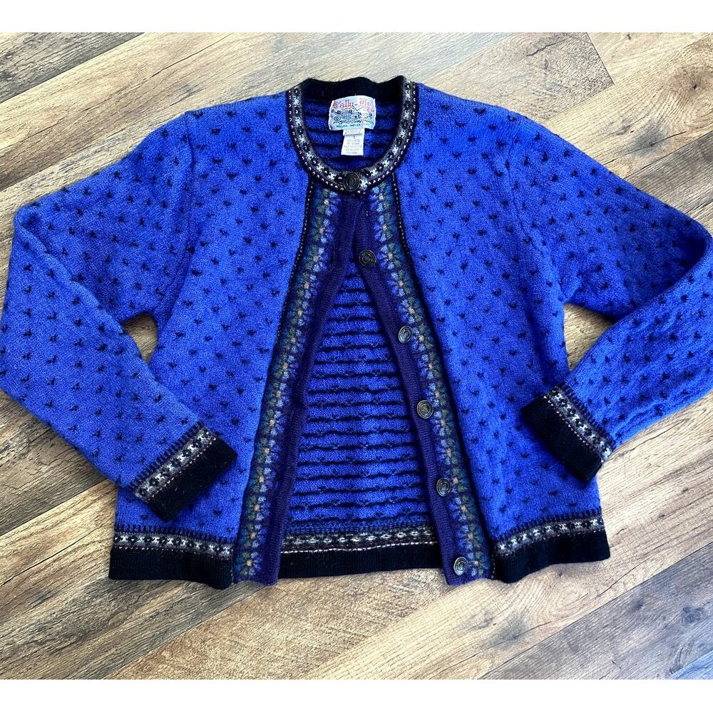 Vintage Tally Ho Blue Thick Wool Floral Button Up High Neck Patterned Sweater S